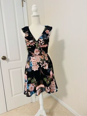 Yellow Molly Floral V-Neck Black Fit & Flare Wrap Ruffle Dress